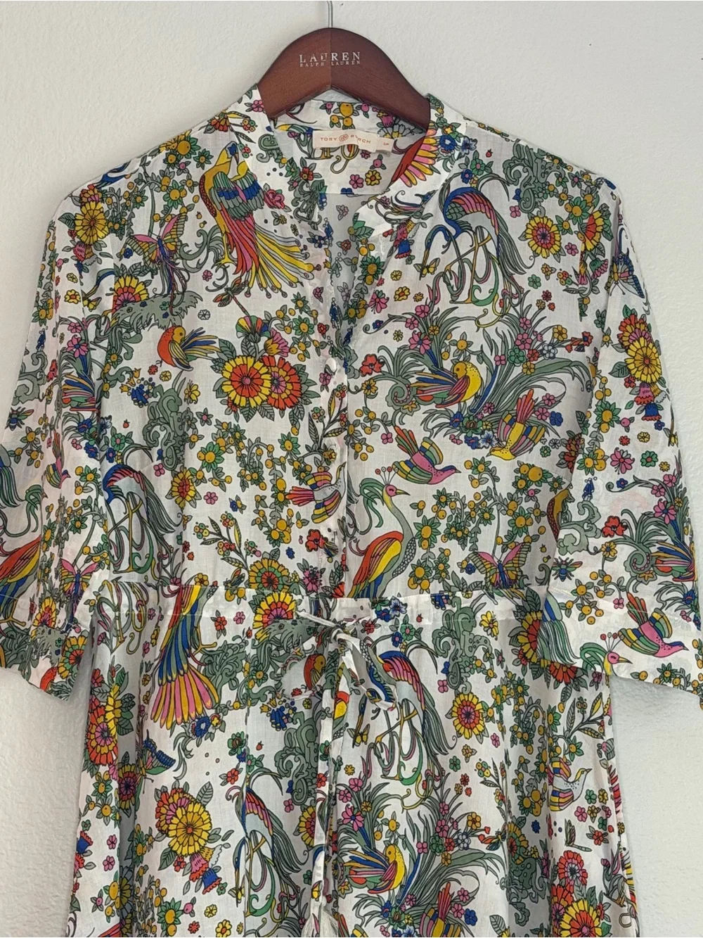 Tory Burch Promised Land Cotton Maxi Shirt Dress Pockets | S Bird Floral Print